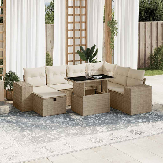Garden Sofa Set Beige PE Rattan, Powder-coated Steel, Tempered Glass