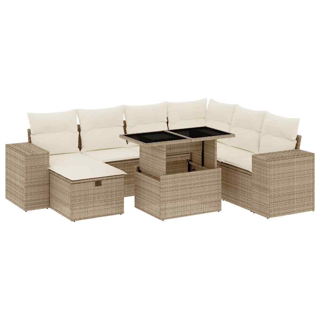 Garden Sofa Set Beige PE Rattan, Powder-coated Steel, Tempered Glass