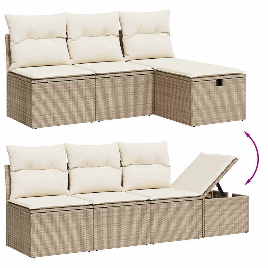 Garden Sofa Set Beige PE Rattan, Powder-coated Steel, Tempered Glass