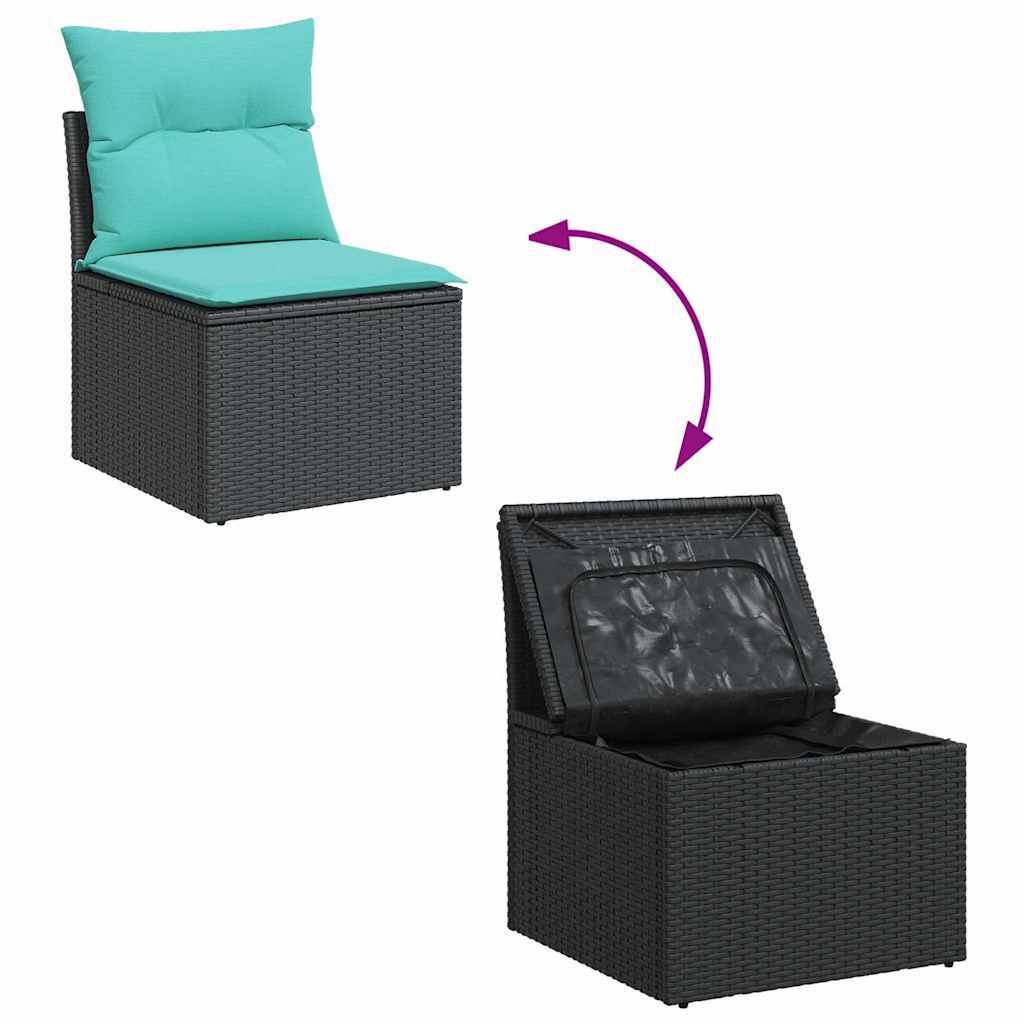 7 Piece Patio Sofa Set with Cushions Black Poly Rattan Acacia