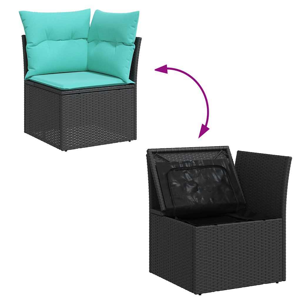7 Piece Patio Sofa Set with Cushions Black Poly Rattan Acacia