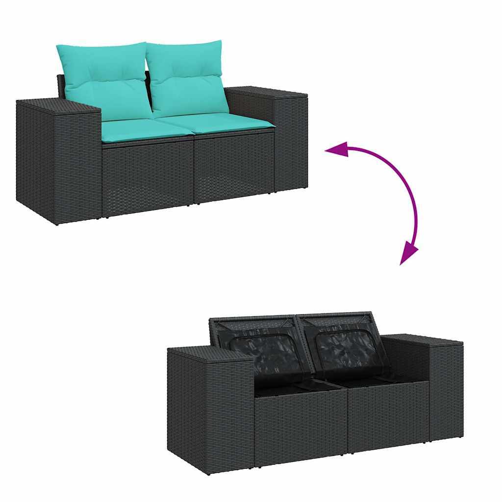 7 Piece Patio Sofa Set with Cushions Black Poly Rattan Acacia