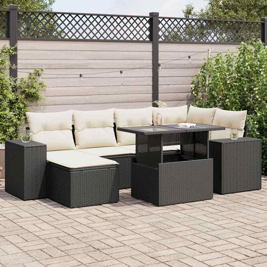 Garden Sofa Set Black PE Rattan 7-Piece Adjustable Feet