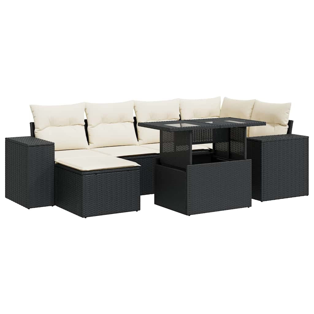 Garden Sofa Set Black PE Rattan 7-Piece Adjustable Feet