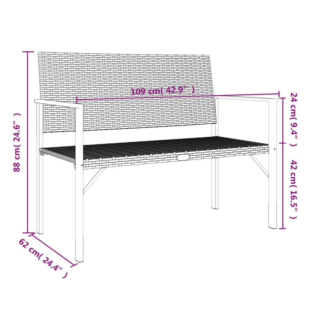 Garden Bench Black PE Rattan, Powder-Coated Steel Medium Durable