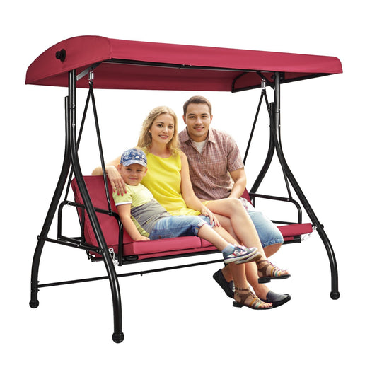 VEVOR 3-Seat Patio Swing Chair, Converting Canopy Swing, Outdoor Patio Porch with Adjustable Canopy, Removable Thick Cushion and Alloy Steel Frame, for Balcony, Backyard, Poolside, Burgundy